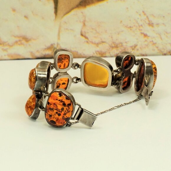 82g Rare Multi Amber and 925 Silver Heavy Link BRACELET - OOAK Gift For Her - Picture 10 of 16